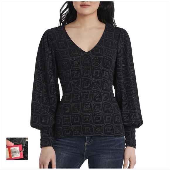 VINCE CAMUTO NWT Rich Black Diamond Glitter V-Neck Top - Picture 1 of 12
